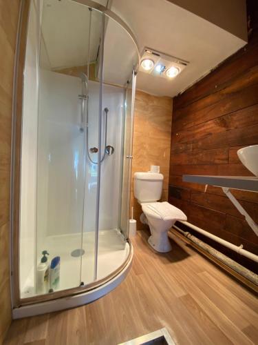 a bathroom with a shower and a toilet at Young Hostel in Rotorua