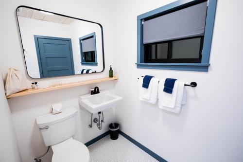 a bathroom with a sink and a mirror and a toilet at Piety Hill Cottages in Nevada City