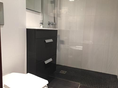 een badkamer met een douche, een wastafel en een toilet bij Hôtel du Moulin in Niort
