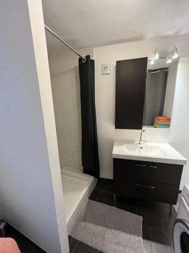 uma casa de banho com um lavatório, uma banheira e um espelho. em Chez Polo em Saint-Denis