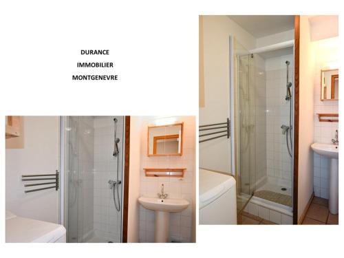 - deux photos d'une salle de bains avec douche et lavabo dans l'établissement Maison Montgenèvre, 3 pièces, 8 personnes - FR-1-266-178, à Montgenèvre