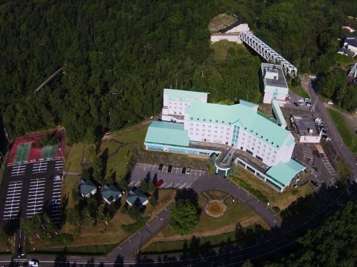 美瑛町にあるBiei Shirogane Onsen Hotel Park Hillsの青屋根の建物の上面