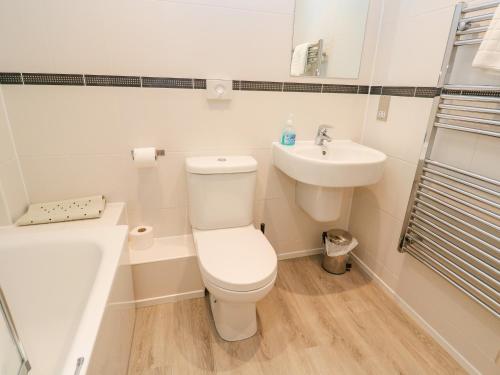a white bathroom with a toilet and a sink at 19 Bay Retreat Villas in St Merryn