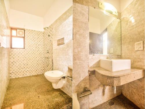 two pictures of a bathroom with a toilet and a sink at 3BHK Villa with Private Pool Near Candolim in Marmagao