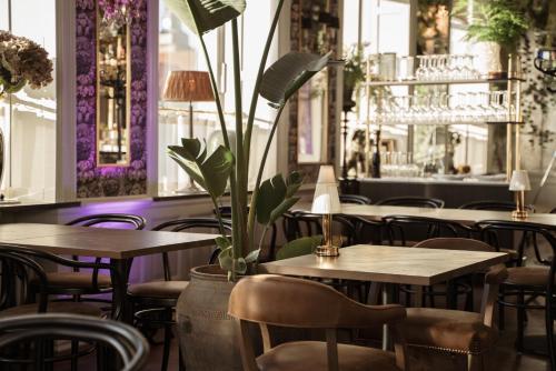 a restaurant with tables and chairs and a potted plant at Continental du Sud in Ystad