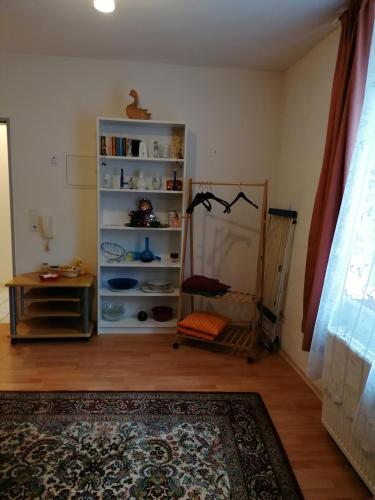 Habitación con estante para libros y espejo en Monteurwohnung App 2 en Pirmasens