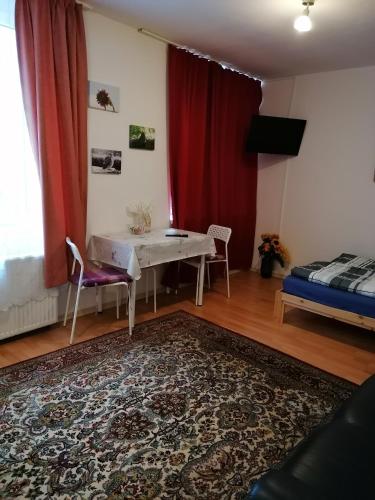 a living room with a table and a bed at Monteurwohnung App 2 in Pirmasens