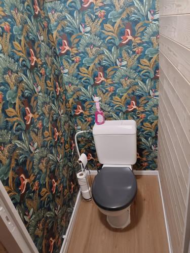 a bathroom with a toilet with a flowery wallpaper at Charmant studio proche canal. in Châteauneuf-du-Faou