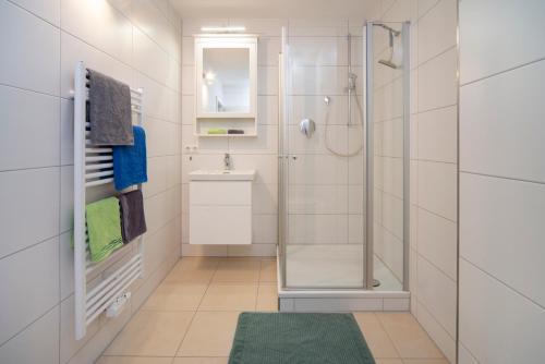 y baño con ducha y lavamanos. en Monteur-/ Arbeiter-Apartment_ Wohnung 4, en Memmingen