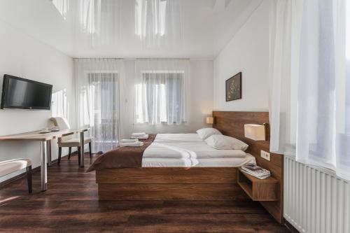 a bedroom with a bed and a desk and a television at Apartamenty Eko in Szczawnica