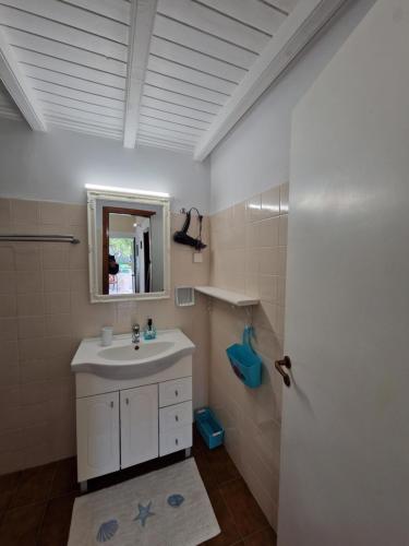 ein Badezimmer mit einem weißen Waschbecken und einem Spiegel in der Unterkunft Eleni's Apartments in Barbati