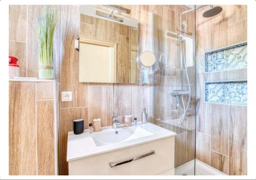 a bathroom with a sink and a shower at Studio calme dans un château au coeur de Caen in Caen