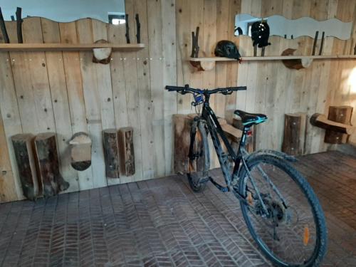 una bicicleta estacionada en una habitación con paredes de madera en Apigîte68, proche route des vins, Vosges, Colmar et non loin d'Europa-Park!, en Ostheim