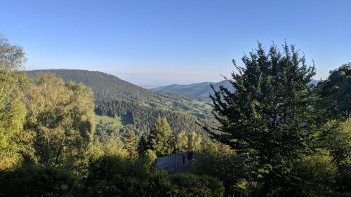 - une vue sur une vallée avec des arbres et un bâtiment dans l'établissement Apigîte68, proche route des vins, Vosges, Colmar et non loin d'Europa-Park!, à Ostheim