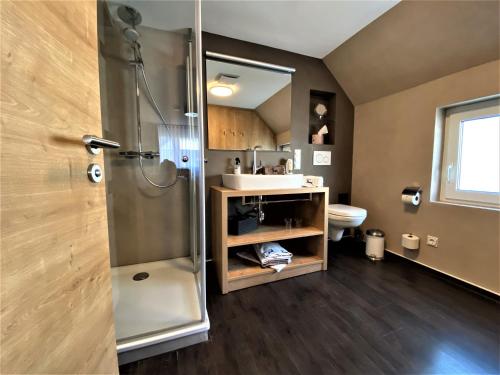 a bathroom with a shower and a sink at NaturBoutique Hotel RAUSZEIT in Willingen