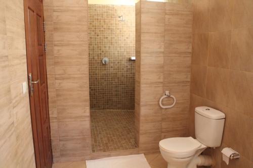 ein Bad mit einem WC und einer Dusche in der Unterkunft Wharf Side Inn in Pemba