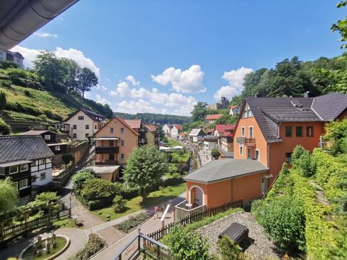 vistas a una pequeña ciudad con casas en Villa Sonnenblick en Kurort Rathen