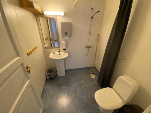 Berg的住宿－Northern Light Hotell/Camp Steinfjord，一间带卫生间和水槽的小浴室