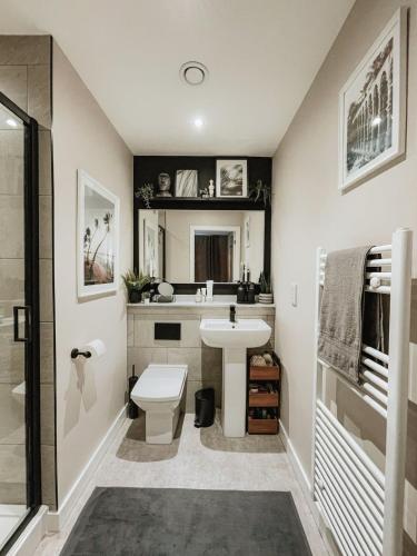 a bathroom with a sink and a toilet and a shower at Stylish 1Bed Apartment in Sheffield CC in Sheffield