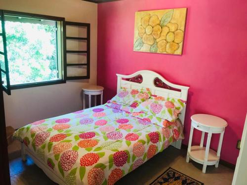 1 dormitorio con una pared rosa, 1 cama y 2 taburetes en Pousada 1800 Altitude Monte Verde en Monte Verde