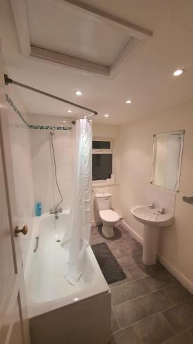 a bathroom with a tub and a toilet and a sink at Spacious 2 Bedroom Home in Birmingham in Birmingham