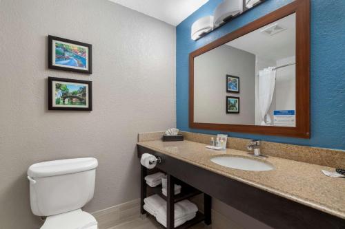 a bathroom with a toilet and a sink with a mirror at Comfort Inn & Suites Near Medical Center in San Antonio