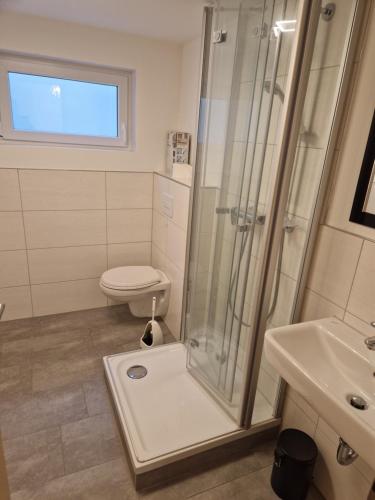 een badkamer met een douche, een toilet en een wastafel bij E&O in Gilching