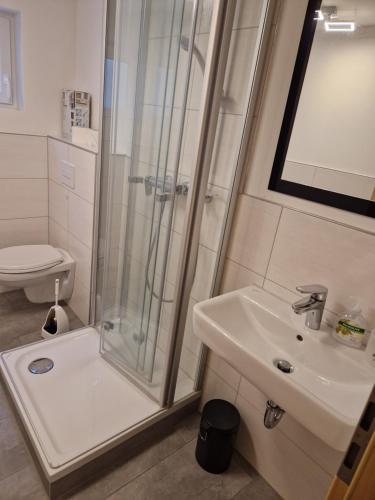 een badkamer met een douche en een wastafel bij E&O in Gilching