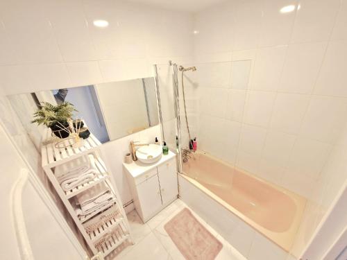 La salle de bains est pourvue d'une douche, d'un lavabo et d'une baignoire. dans l'établissement Grand Appartement Meublé - Cosyrenty Créteil, à Créteil