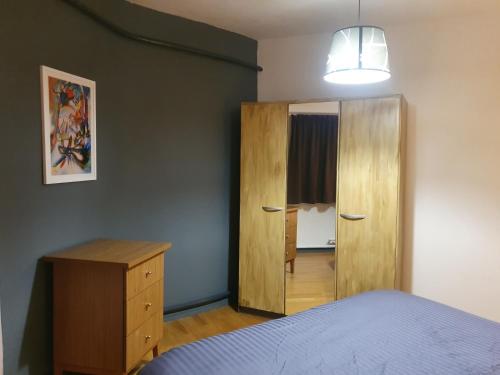 托農萊班的住宿－Appartement centre-ville proche lac et thermes，一间卧室配有木制橱柜和一张床