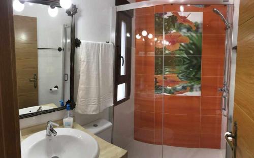 a bathroom with a sink and a shower with a mirror at Casa Rural El Batán Casa rural 37 personas in Toledo
