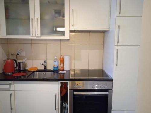 cocina con fregadero y fogones en Studio flat in the heart of Zug, ideal for solo travellers en Zug