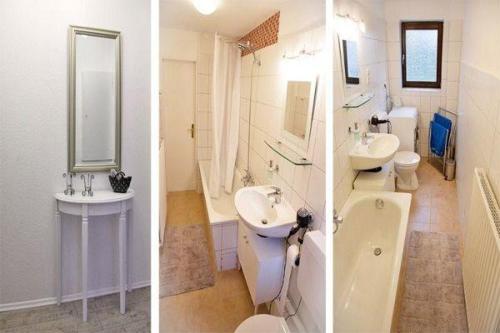 - deux photos d'une salle de bains avec lavabo et toilettes dans l'établissement Ferienhaus-Kassiopeia, à Laboe