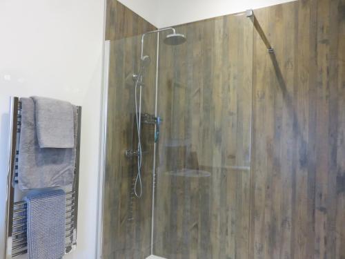 a shower in a bathroom with a wooden wall at Old Schoolhouse in Lairg