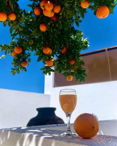 a glass of wine and an orange on a table at Casa Da Oliveira in Pedrógão Grande