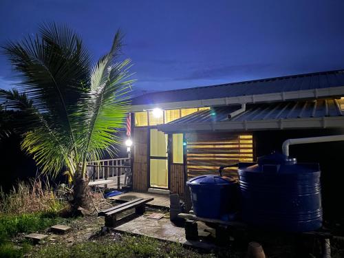 a house with a palm tree in front of it at Papadam Bamboo House in Bintulu