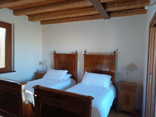 two twin beds in a room with wooden ceilings at CASAL MICELIO in Udine