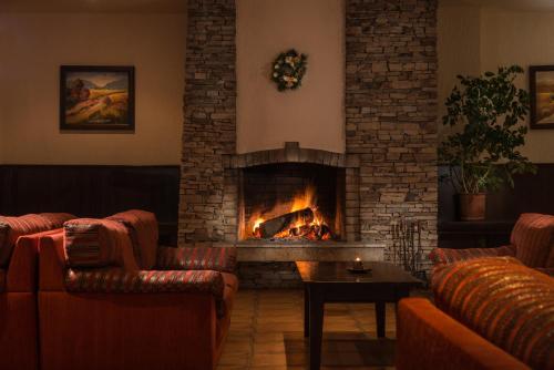 a living room with couches and a fireplace at Mura Hotel in Bansko