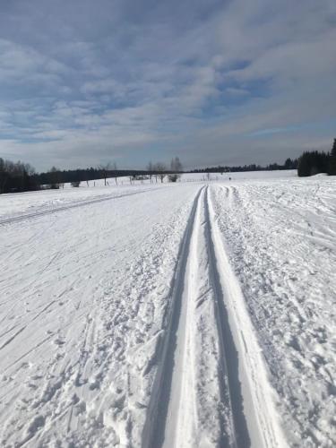 a snow covered field with tracks in the snow at Na Modřínové in Nové Město na Moravě