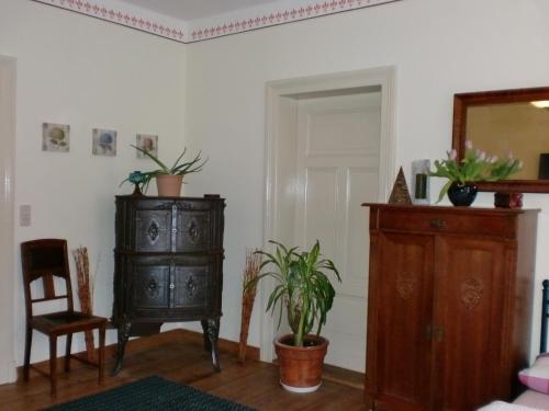 a living room with a dresser and potted plants at Anno-Nostalgia in Rheinsberg