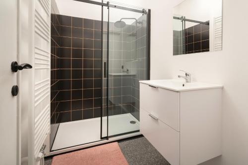 une salle de bain avec douche et lavabo dans l'établissement Charming and Spacious Antwerp City Center Apartments, à Anvers