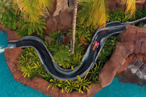 a black water slide in a resort pool at Sheraton Waikiki Beach Resort in Honolulu