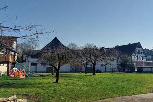 a park with two trees and a playground at Große tolle 4 Zimmer Ferienwohnung im Herzen des Odenwaldes in Mörlenbach