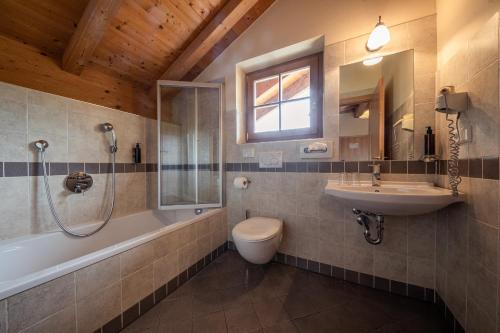 La salle de bains est pourvue d'un lavabo, de toilettes et d'une douche. dans l'établissement Hotel Seerast, à Ultimo