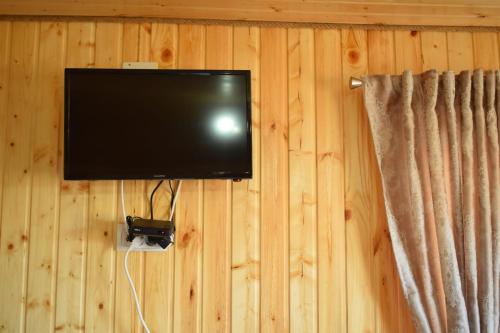 TV de pantalla plana colgada en una pared de madera en Cabana doi mesteceni, en Drumu Carului