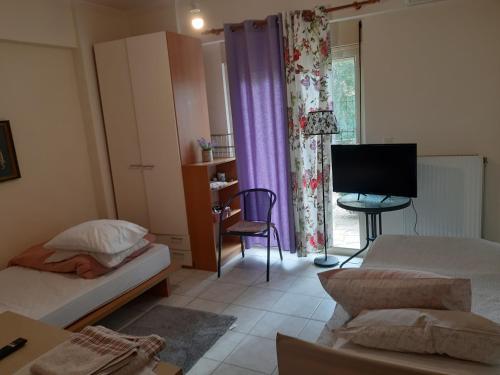 um pequeno quarto com 2 camas e uma televisão em MPOZA APPARTMENTS em Patra