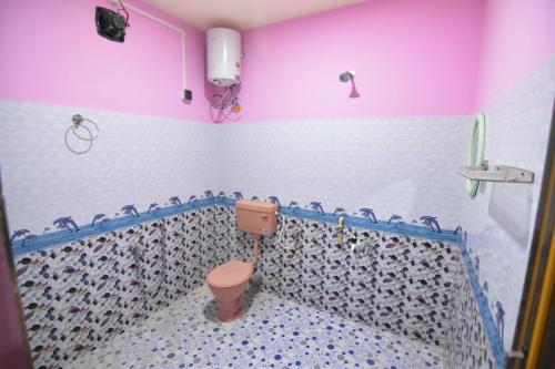 ein Badezimmer mit einem rosa WC und blauen und weißen Fliesen in der Unterkunft Hira Panidihing Homestay in Sibsāgar