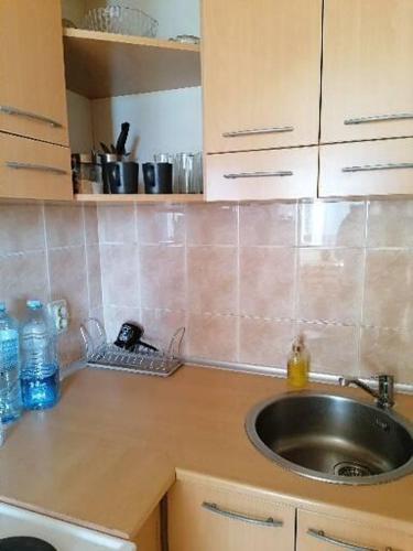 uma cozinha com um lavatório e uma bancada em Stan na dan em Pozarevac