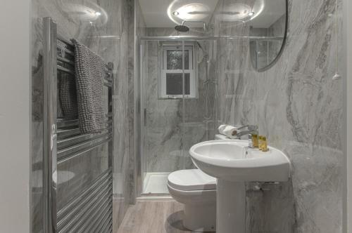 een badkamer met een wastafel, een toilet en een douche bij Maze Dream Apartment in Ayr