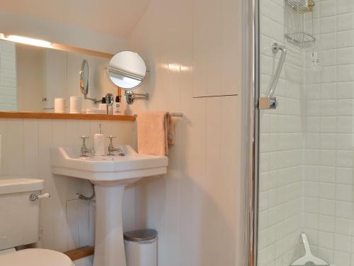 een badkamer met een wastafel en een douche bij The Stable in Camerton